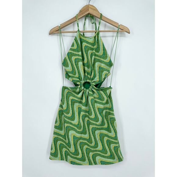 Zara Jacquard Mini Dress Halter Neck Cut-Out 70s Swirl Print Green Bloggers Fav - Picture 7 of 11